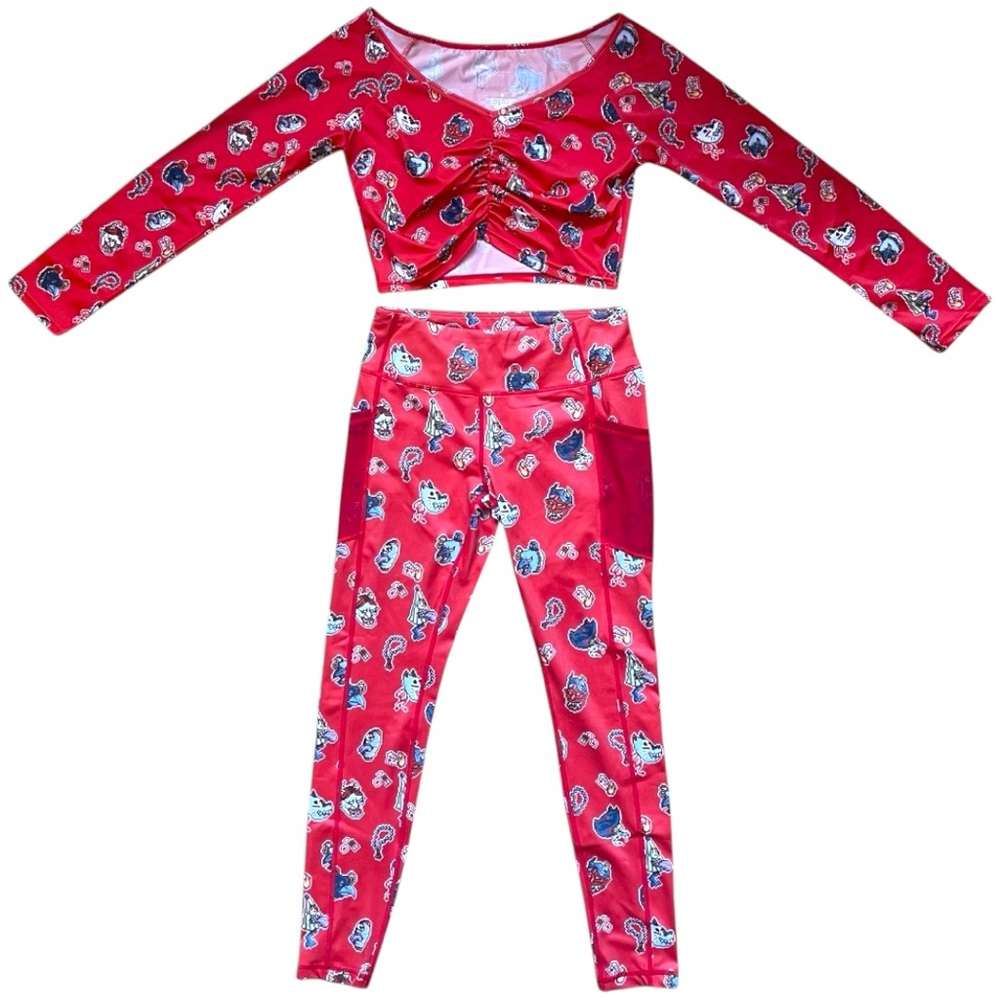 Iron Yokai Red Pixel Off Shoulder Crop Top & Mesh Pocket Leggings Activewear Set